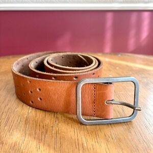 Vintage Brown Perforated Top Grain Leather Belt Pewter Buckle Boho Western 1.5in